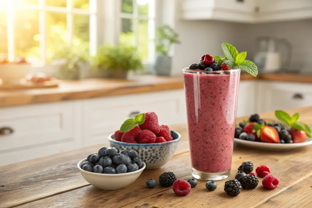 Vibrant Berry Blast Smoothie in a tall glass with fresh berries.