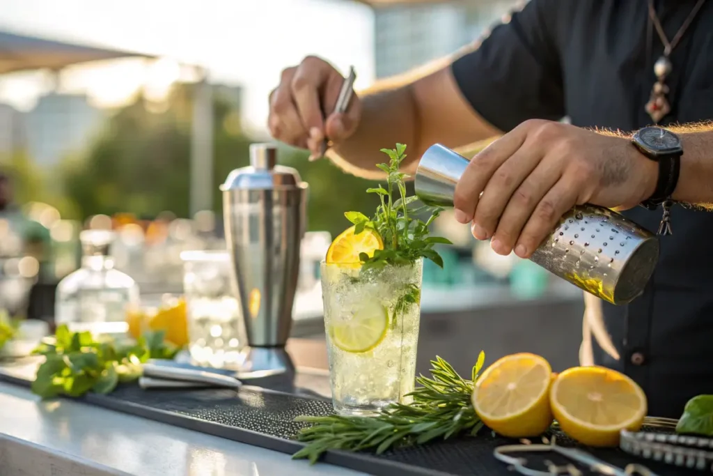 Bartender crafting a vodka-based cocktail with herbs and lemon