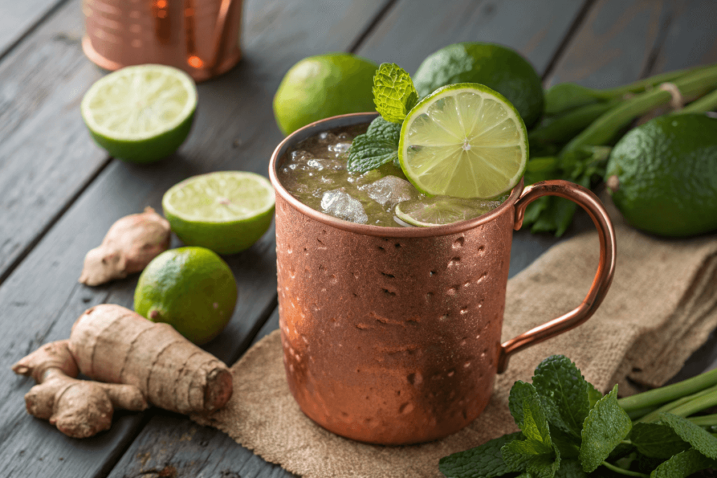 Copper mug filled with Virgin Moscow Mule, garnished with lime and mint