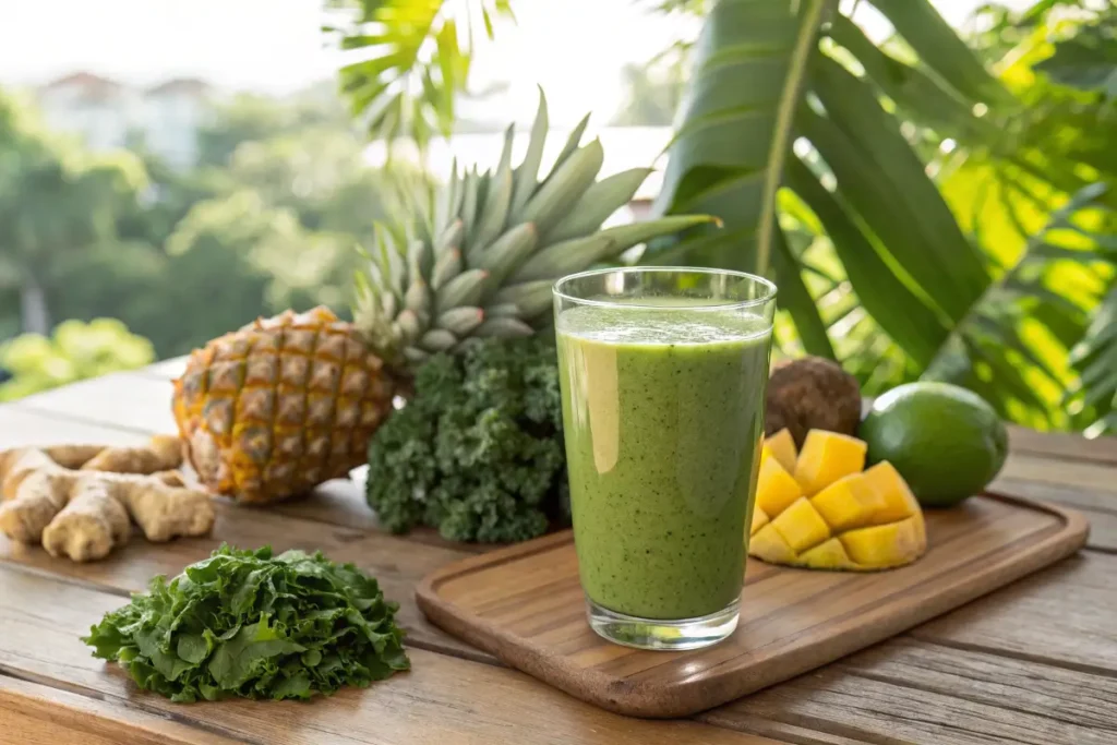 Detox Island Green Smoothie with fresh tropical ingredients