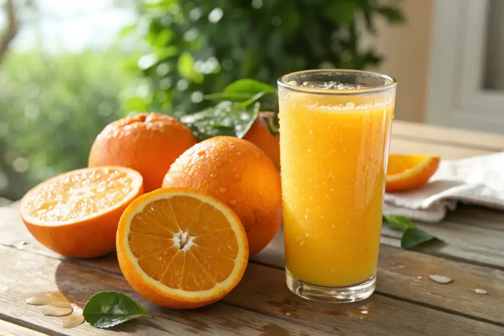 A glass of fresh orange juice surrounded by oranges on a wooden table.