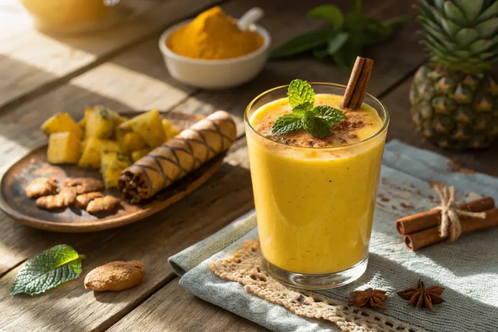 Golden turmeric smoothie in a glass with fresh ingredients.