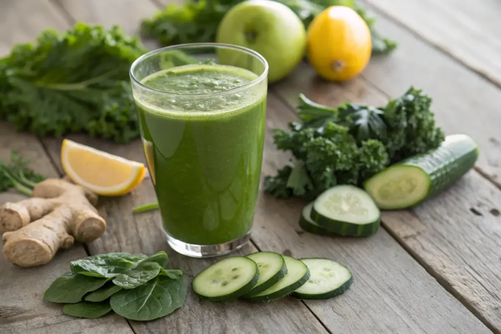 A glass of green juice surrounded by fresh spinach, kale, cucumber, lemon, and ginger on a rustic table.