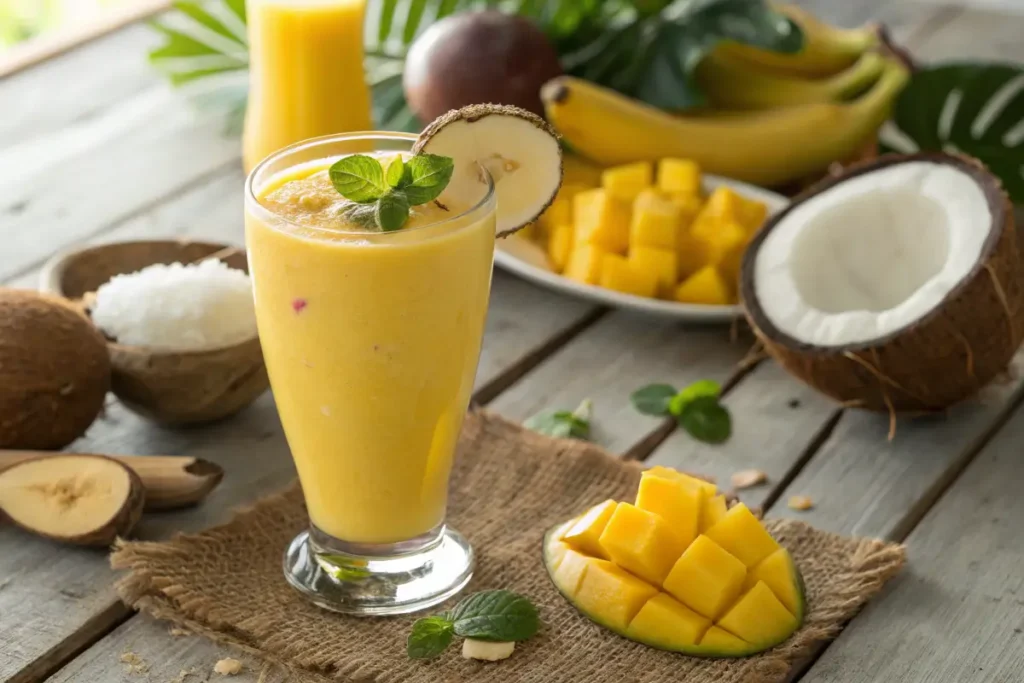 Glass of mango banana smoothie with mango chunks and banana slices.
