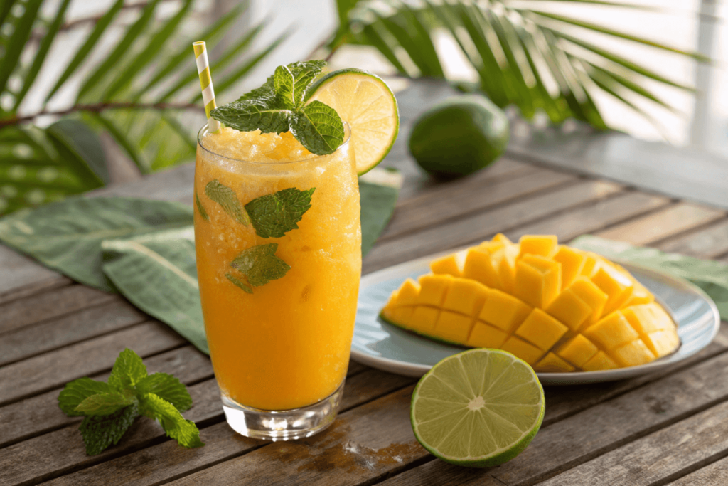  A glass of Mango Mocktail garnished with lime, mint, and a mango slice.