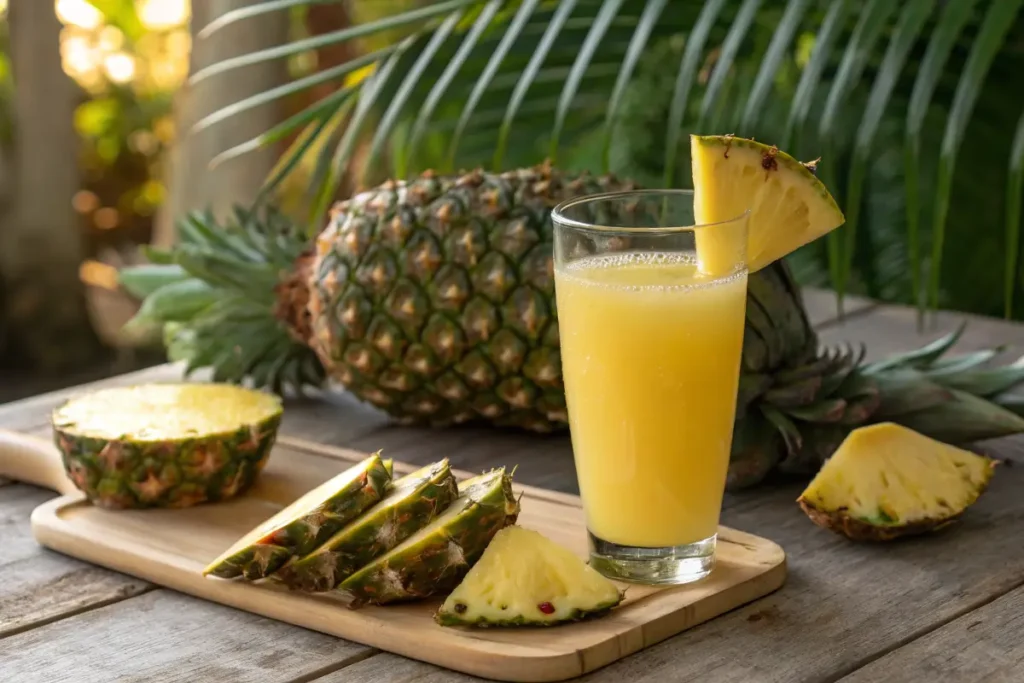 A refreshing glass of pineapple juice with fresh pineapple slices on a wooden table.