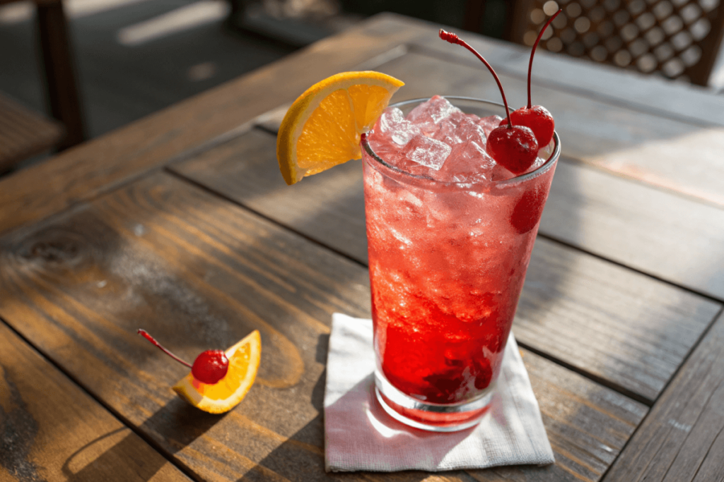 A classic Shirley Temple drink garnished with cherries and orange slices