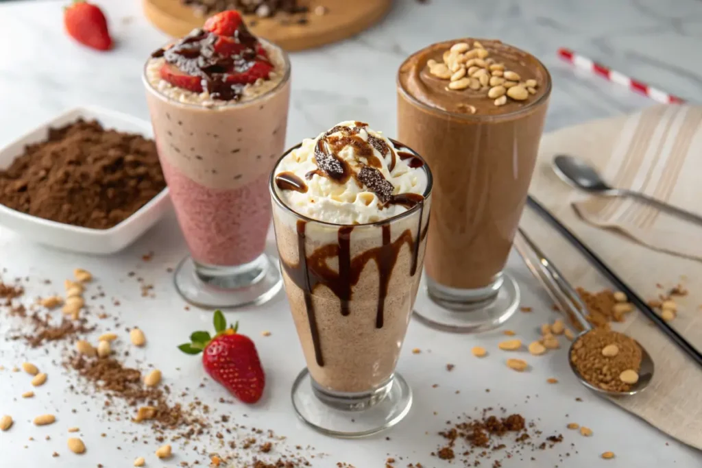 Three variations of chocolate peanut butter smoothies with different toppings.