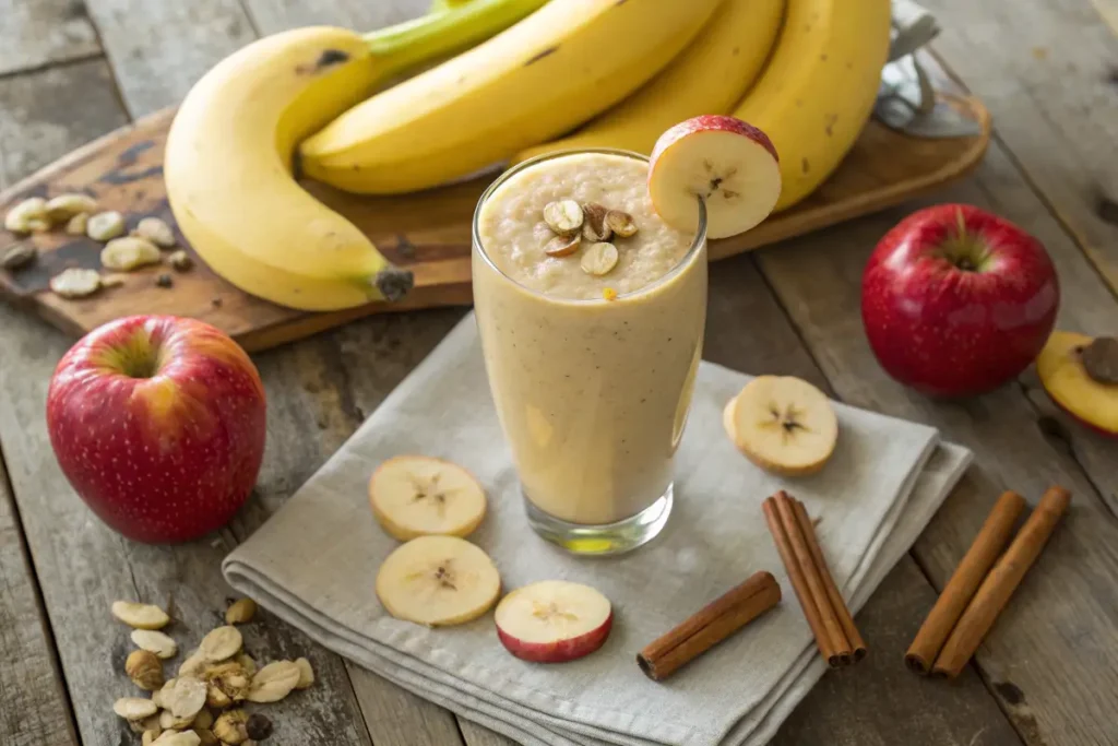 Glass of apple banana smoothie with fresh fruit garnish.