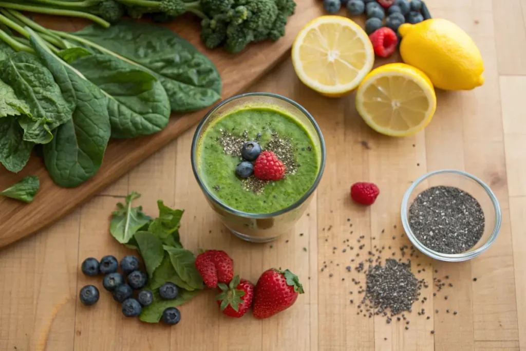 Glass of green detox smoothie with fresh greens and fruits.