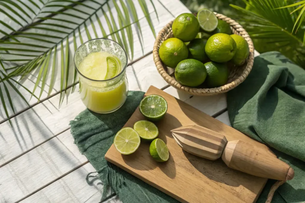 Fresh limes and lime juice with a wooden juicer on a rustic table.
