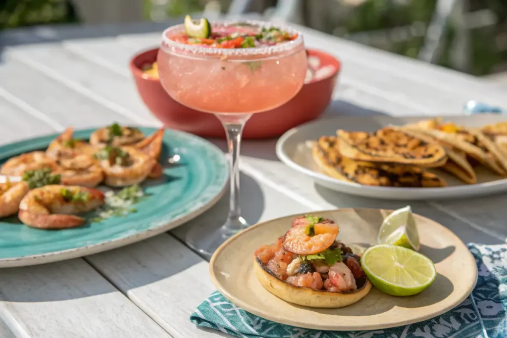 Paloma Mocktail served with tacos and citrus tart on an outdoor table.