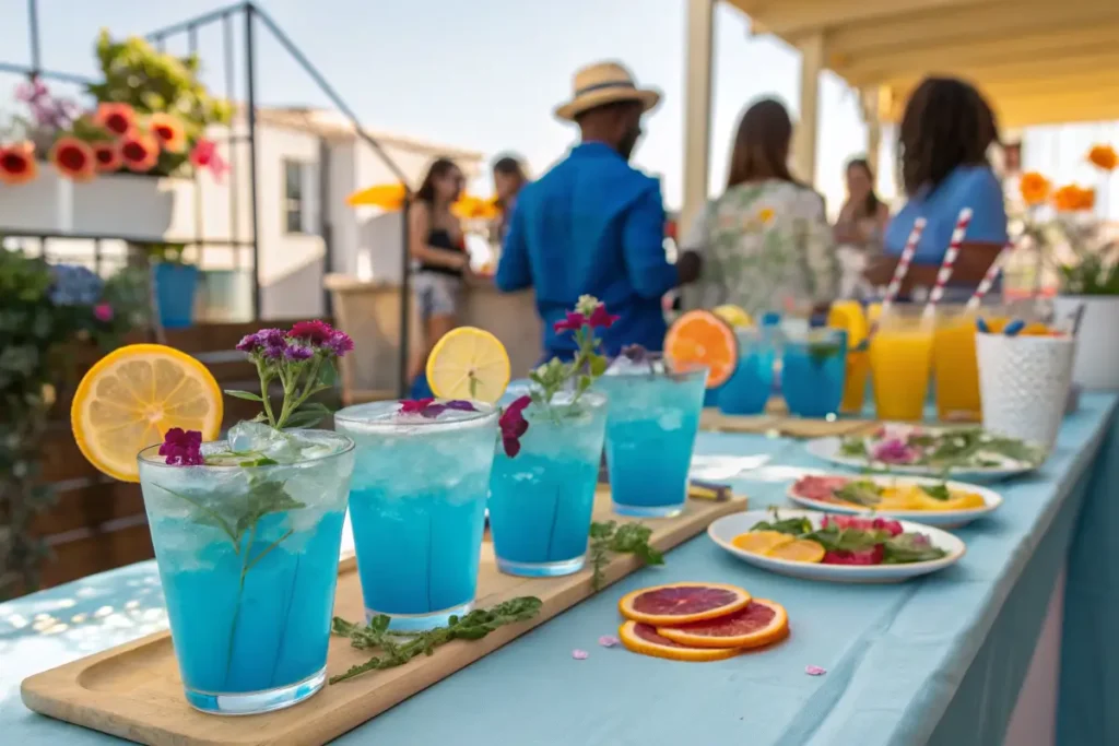 A table of blue mocktails with creative garnishes.