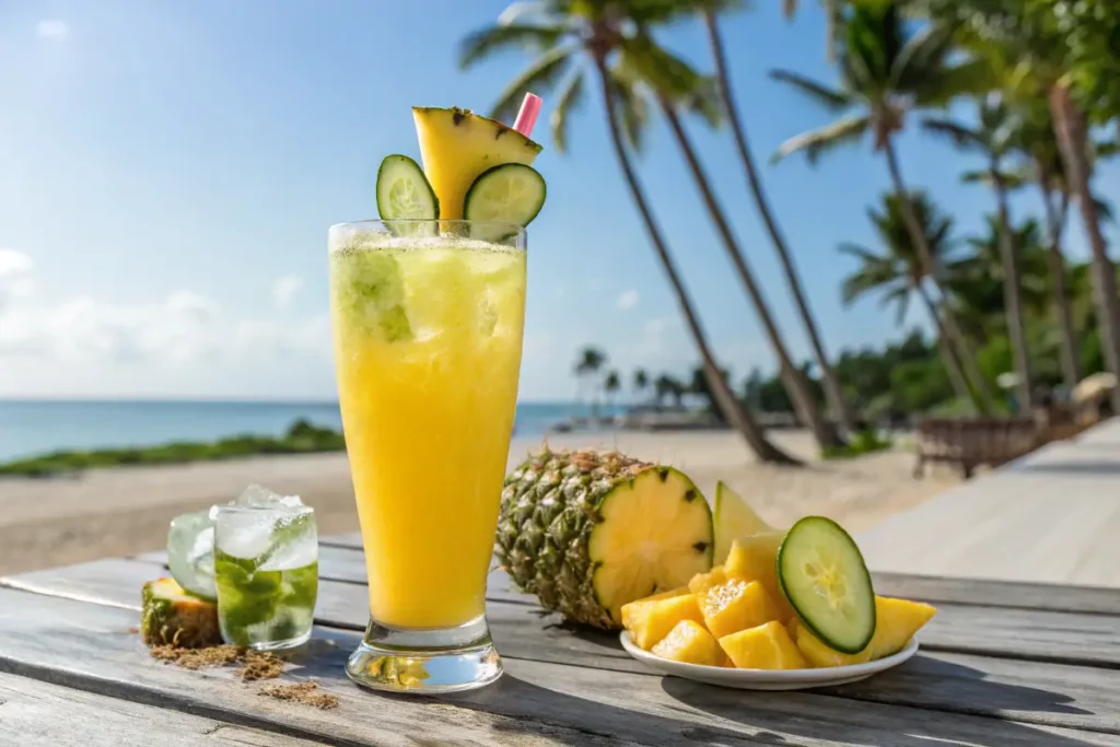 A tall glass of pineapple cucumber juice with cucumber slices and pineapple wedges.