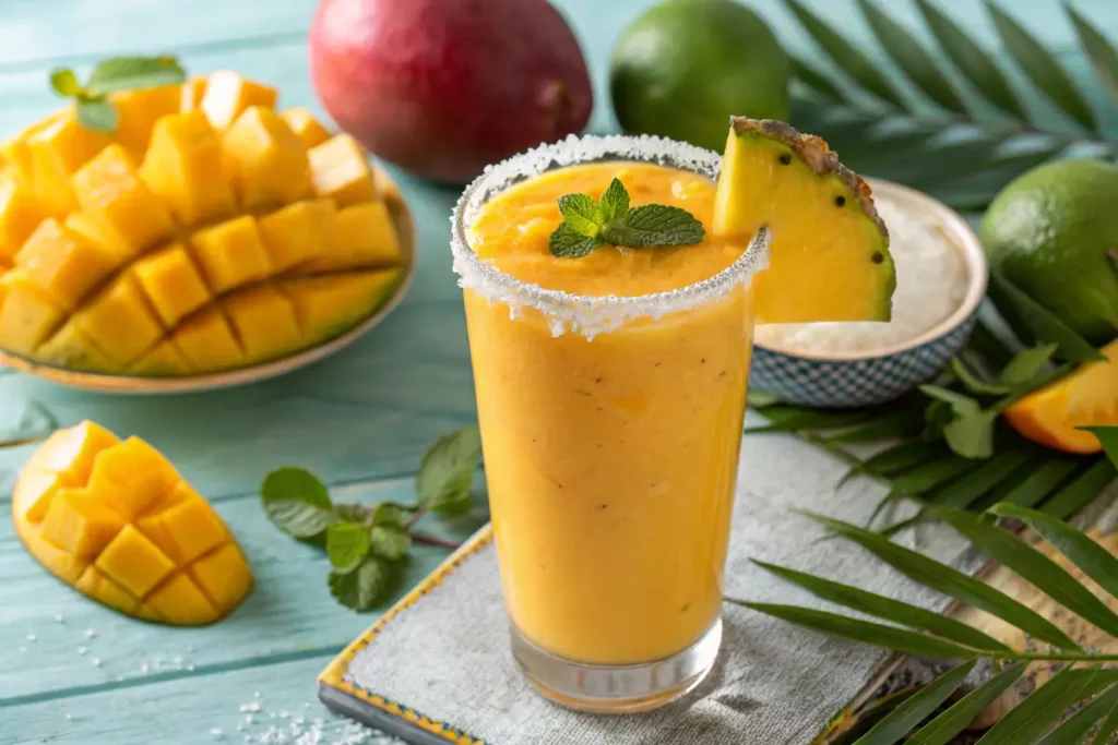 Tropical Mango Smoothie in a Tall Glass with Mint Garnish