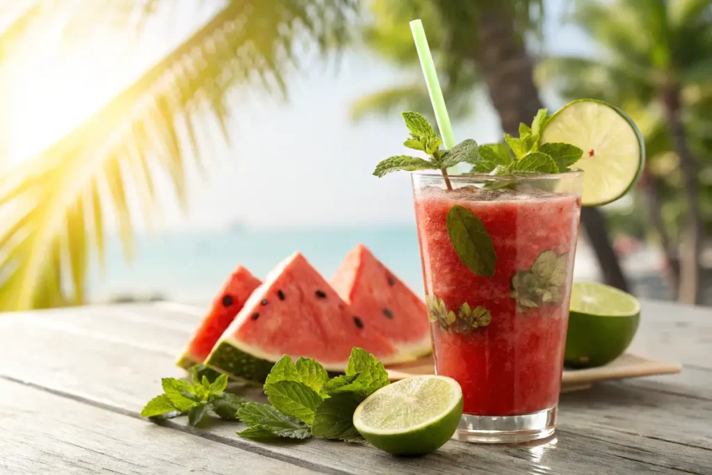 Refreshing watermelon mojito tropical smoothie with mint and lime.