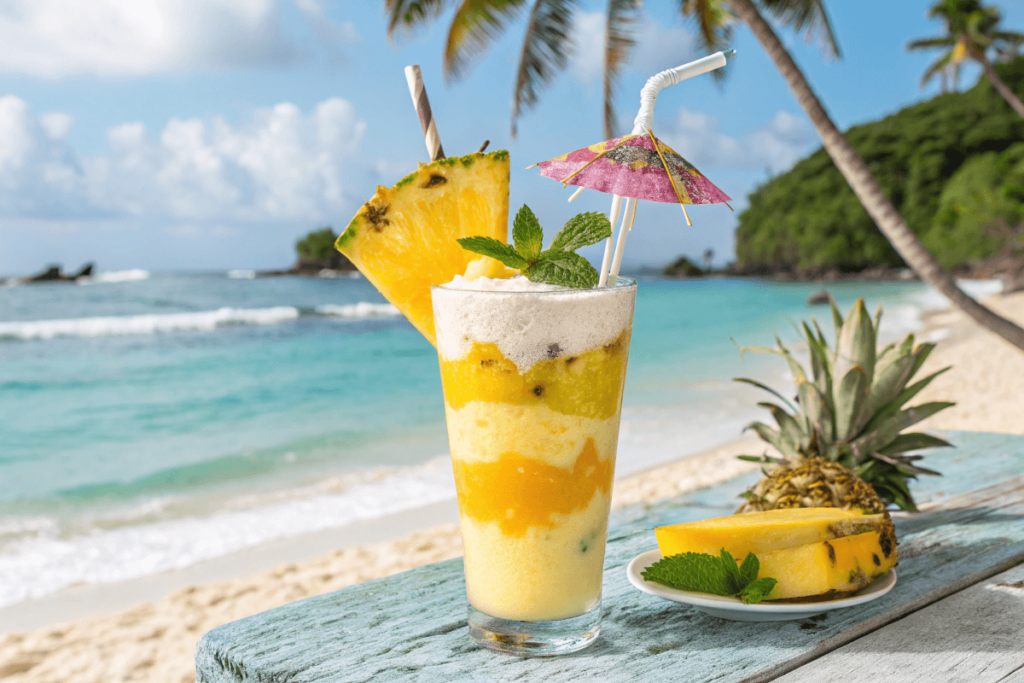 Tropical smoothie mocktail with mango, pineapple, and coconut by the beach.