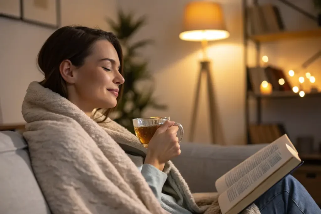 A woman enjoying chamomile lavender tea for relaxation and better sleep.