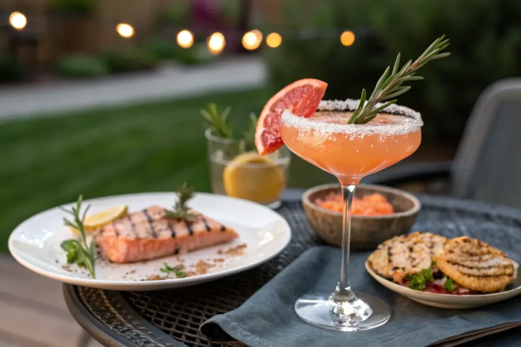 Elegant table setup featuring a Greyhound mocktail with sugared rim and rosemary garnish.