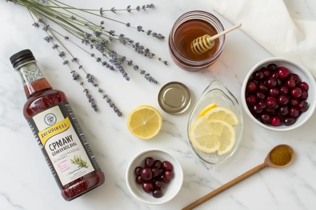 Ingredients for the sleepy girl mocktail recipe on a marble countertop.