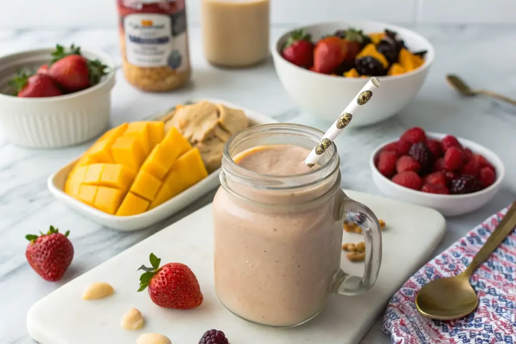 Peanut butter smoothie thickened with yogurt and frozen fruits.