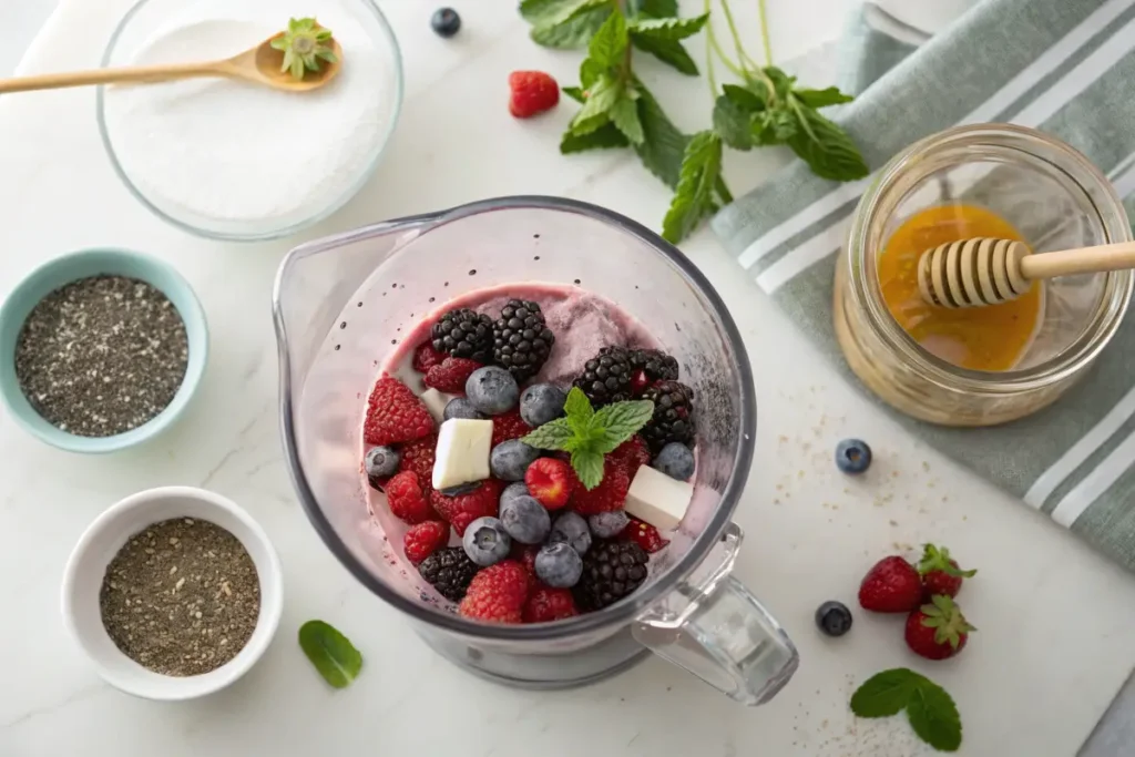 Blender with ingredients for a Berry Blast Smoothie.