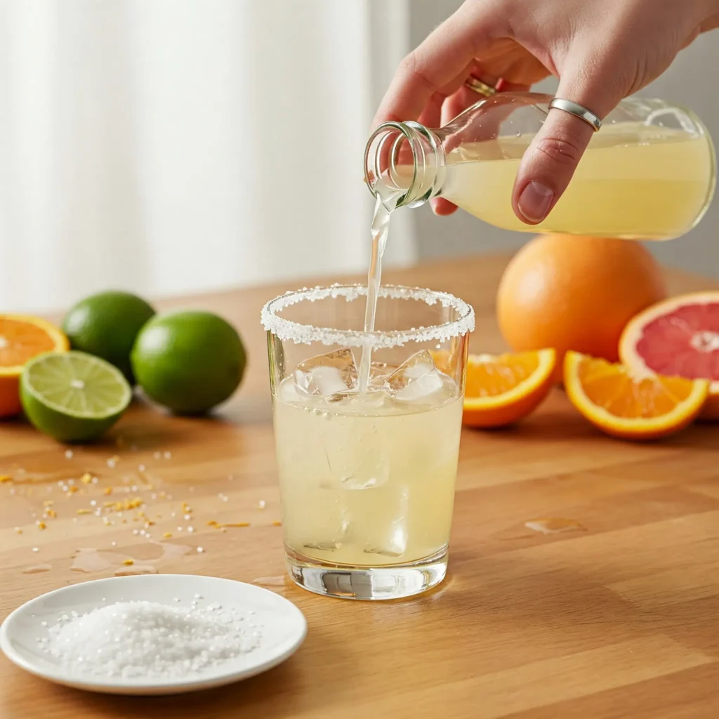 Preparing a margarita mocktail with limeade and a salted rim