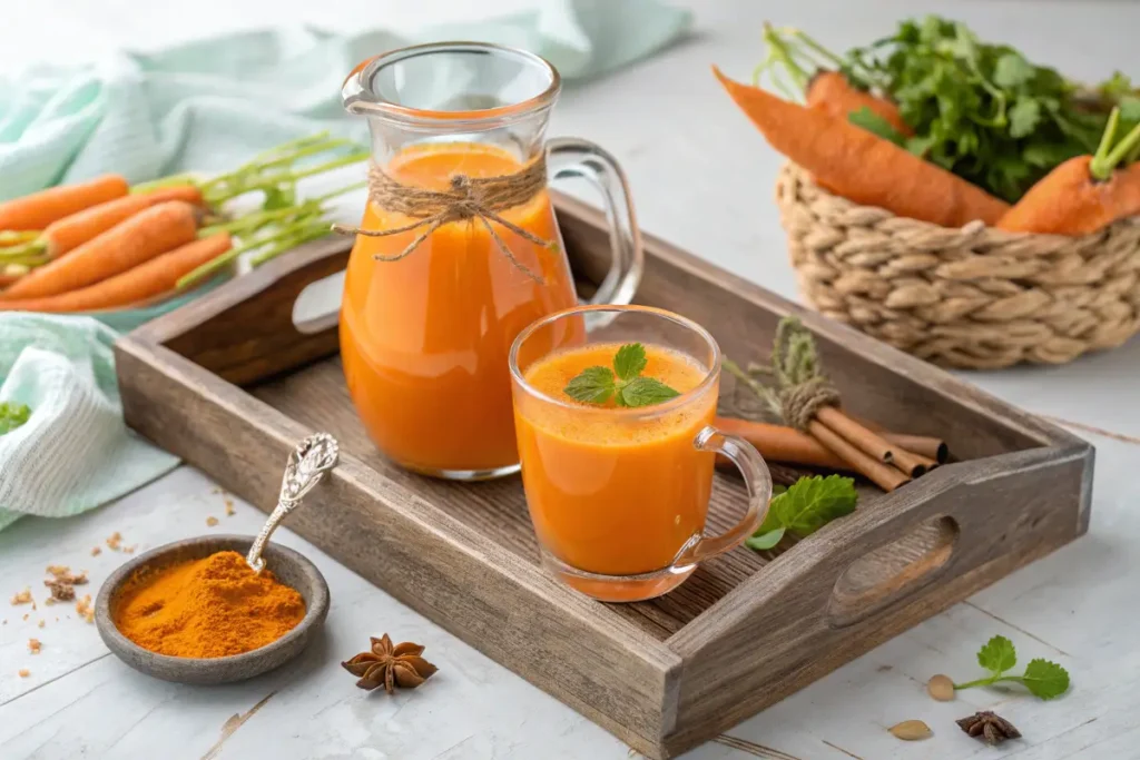 Fresh carrot juice served in glasses garnished with carrot ribbons.