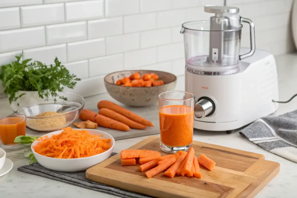 Step-by-step process of making fresh carrot juice in a kitchen.