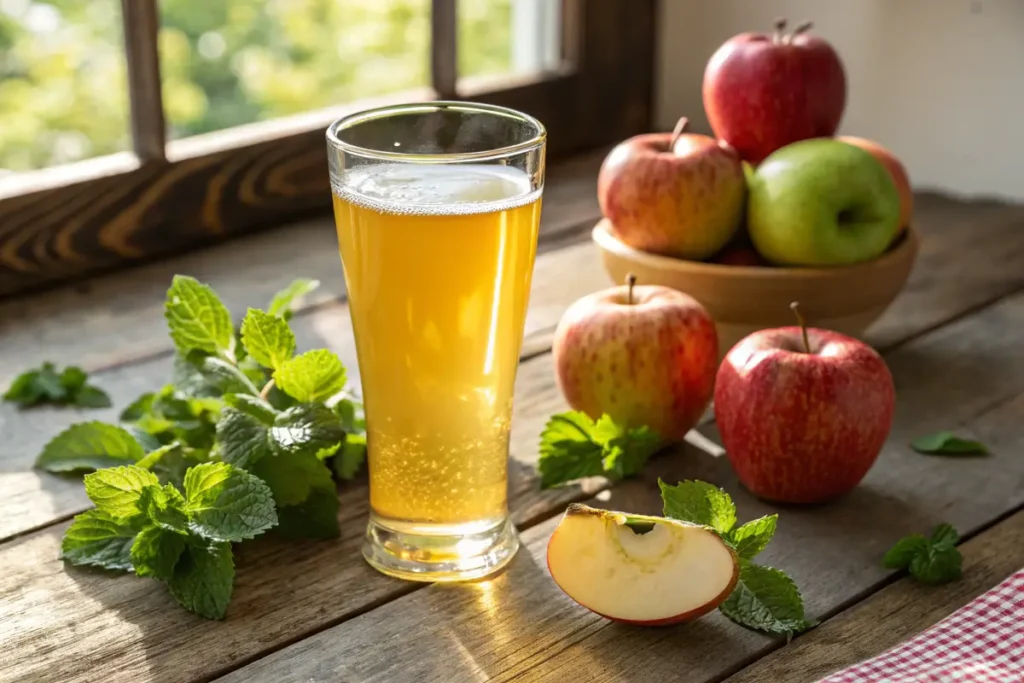 Glass of fresh apple juice with apples on a wooden table