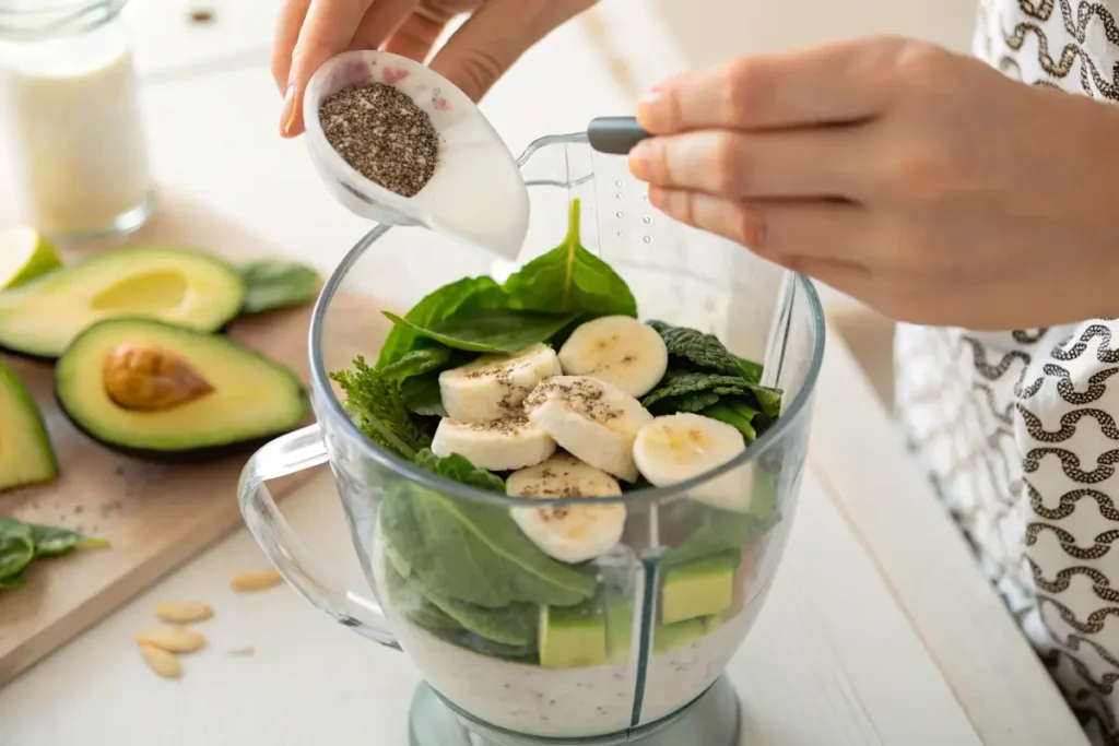 Ingredients for avocado green smoothie in a blender.