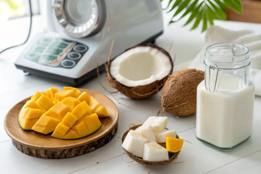 Mangoes, coconut, and blender on a kitchen counter