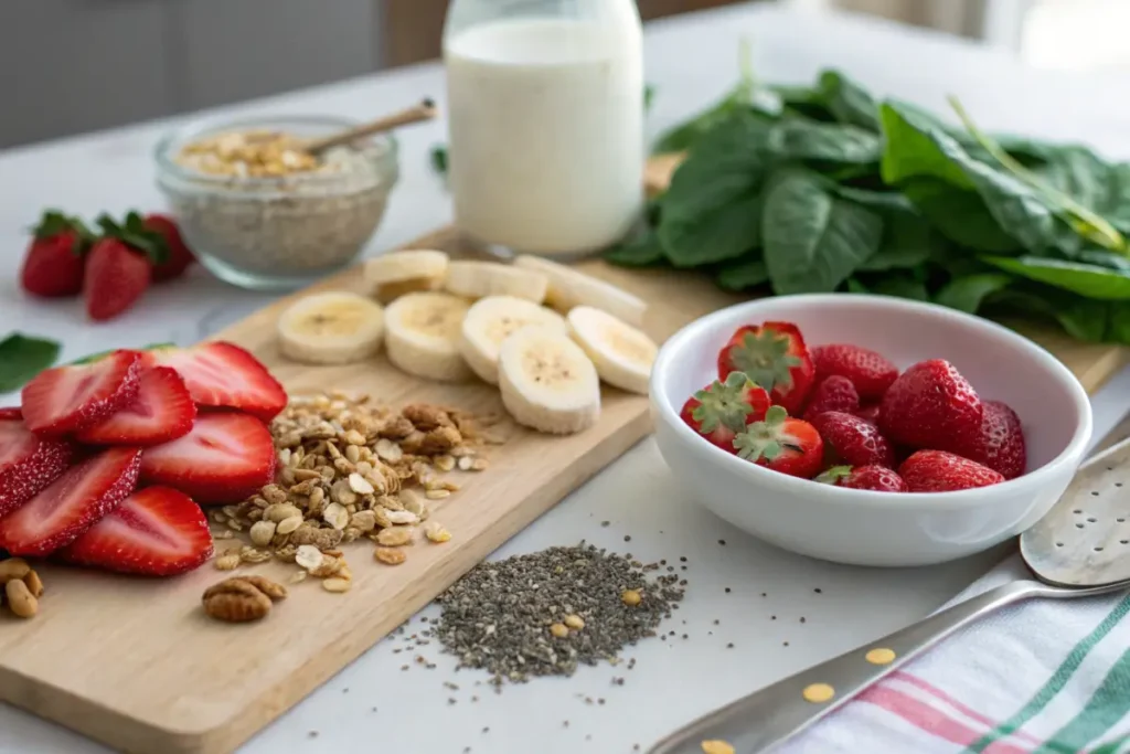 Fresh ingredients for a Strawberry Banana Smoothie Bowl