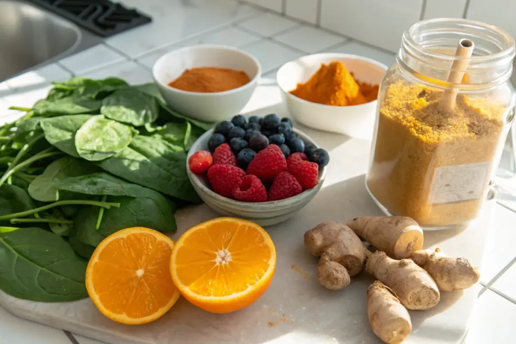 Fresh ingredients for an Immunity Boosting Smoothie on a kitchen counter