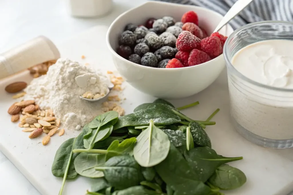 Ingredients for low calorie high protein smoothie recipes on a kitchen counter