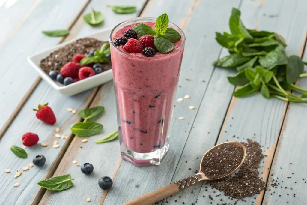 Low calorie high protein smoothie garnished with fresh berries