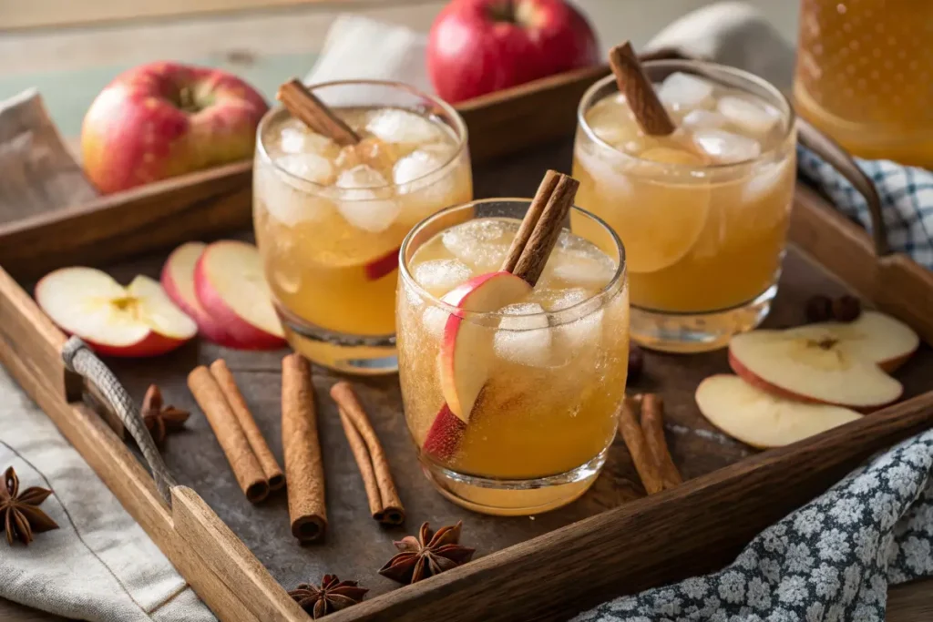 Glasses of fresh apple juice with garnishes on a tray