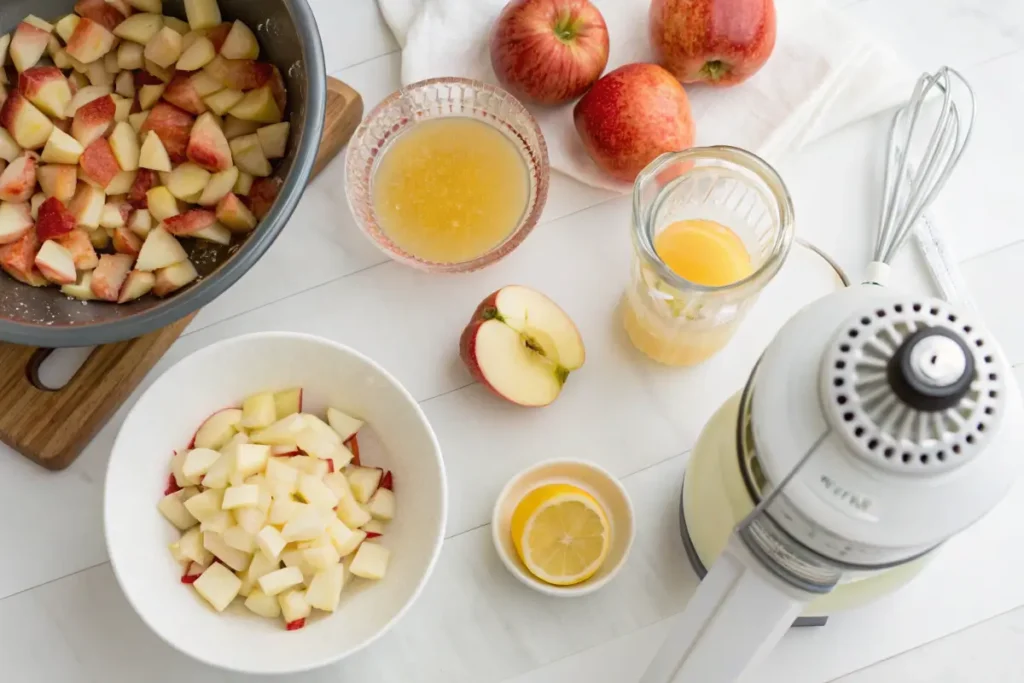 Step-by-step process of making fresh apple juice on a counter