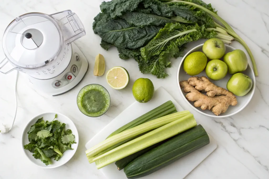 Fresh green juice ingredients displayed on a countertop.