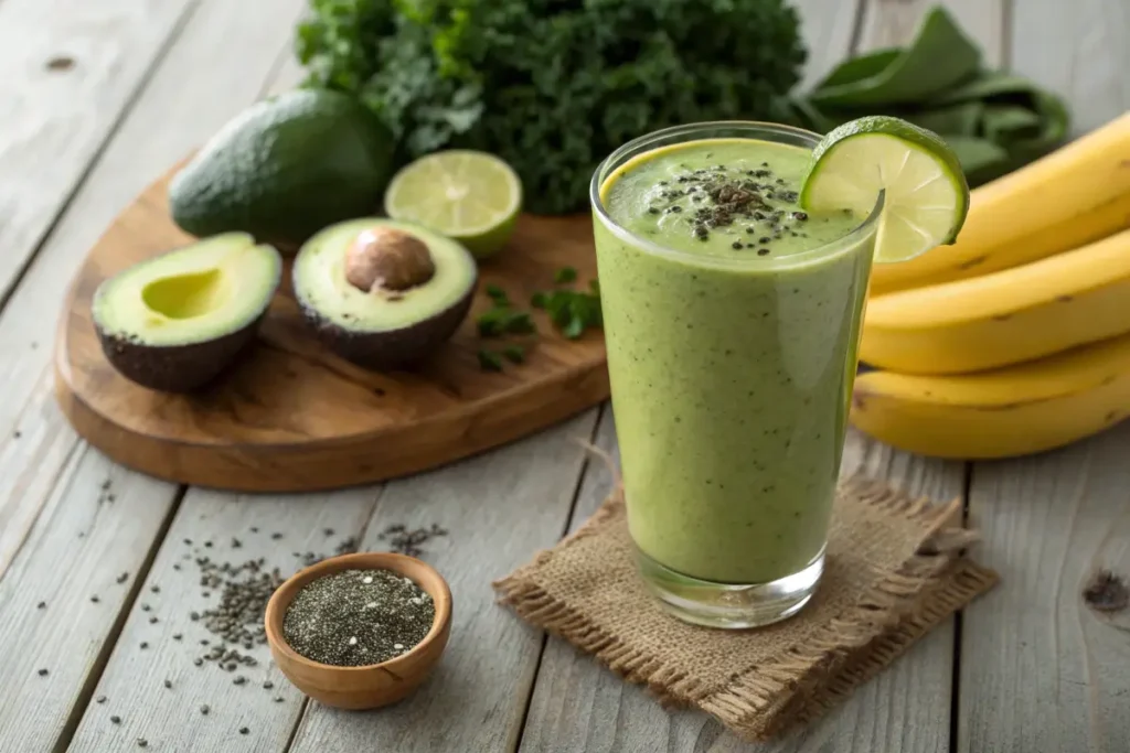 A vibrant avocado green smoothie in a glass surrounded by fresh ingredients.