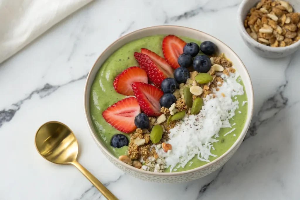  Avocado green smoothie bowl with fresh fruit toppings.