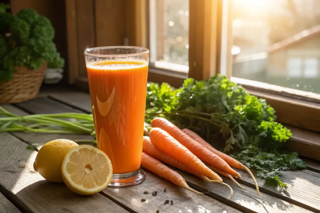 Glass of fresh carrot juice with carrots and lemon on a wooden table.