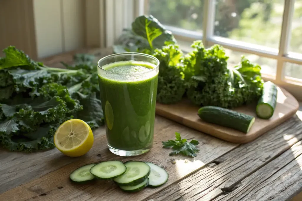 A glass of fresh green juice with spinach, kale, and cucumber.