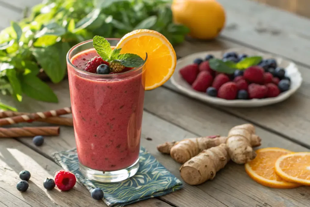 A vibrant Immunity Boosting Smoothie garnished with fresh fruits and greens