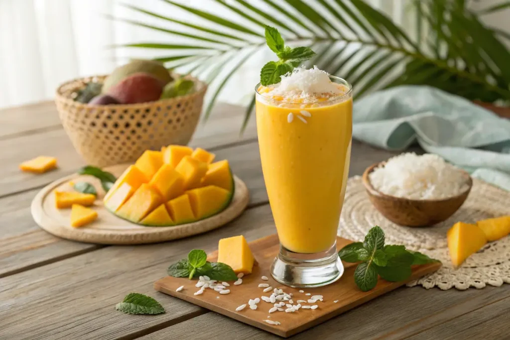 Mango Coconut Smoothie garnished with mango slices and mint