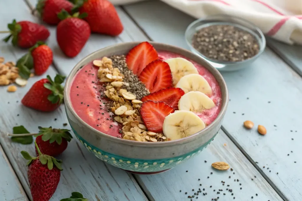 Strawberry Banana Smoothie Bowl topped with fresh fruits and granola