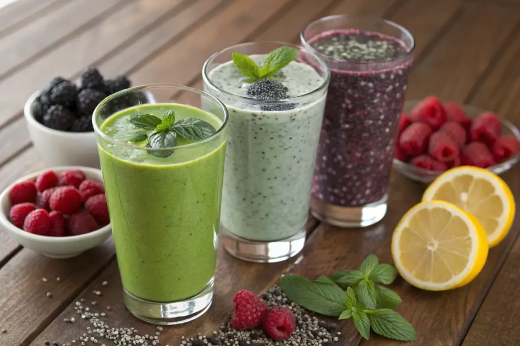 Three variations of Berry Blast Smoothie with different ingredients.