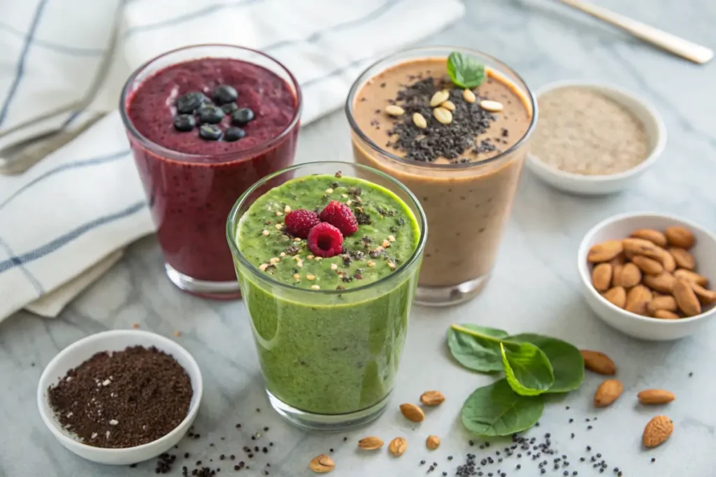 Variations of low calorie high protein smoothies with different flavors