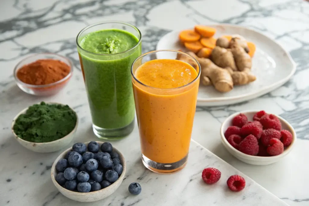 Three variations of Immunity Boosting Smoothies with fresh ingredients
