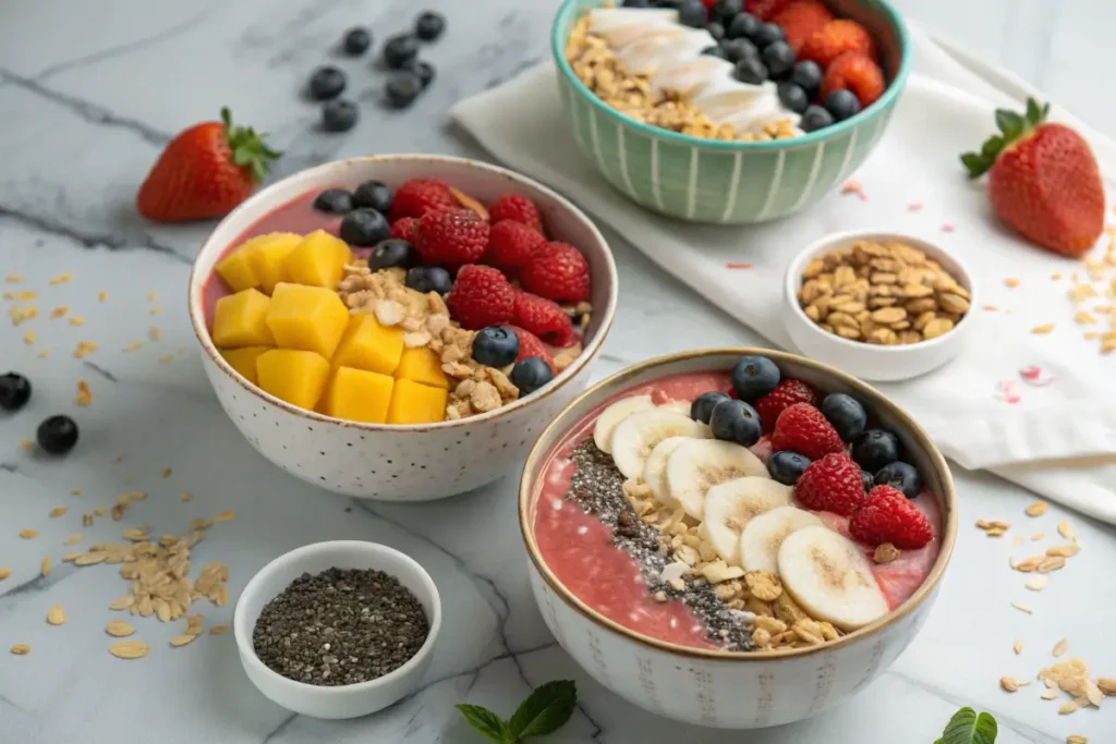 Three variations of Strawberry Banana Smoothie Bowls with unique toppings